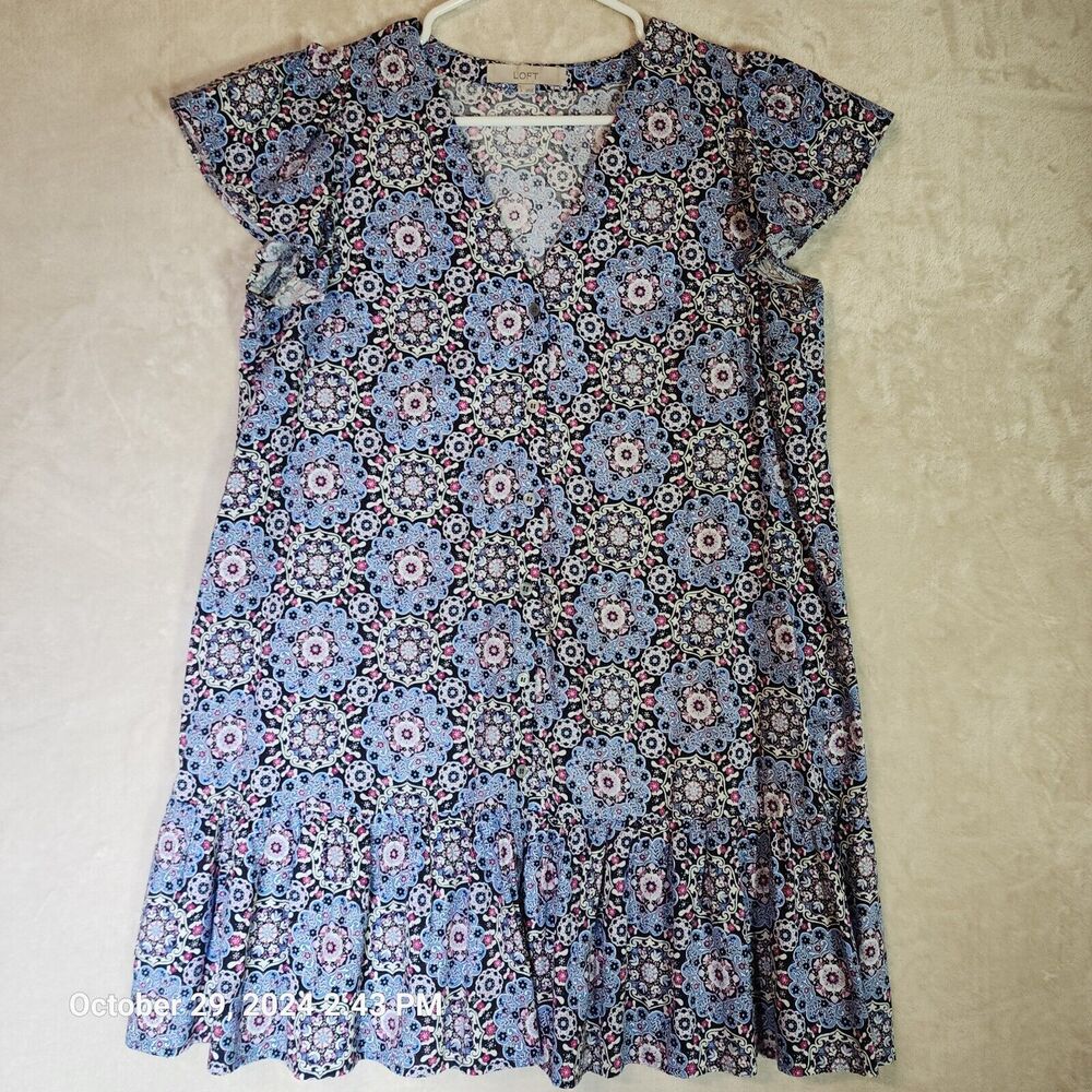 LOFT Womens Blue Floral Mini Dress Button Down Casual Work Spring Cap Slv Size S
